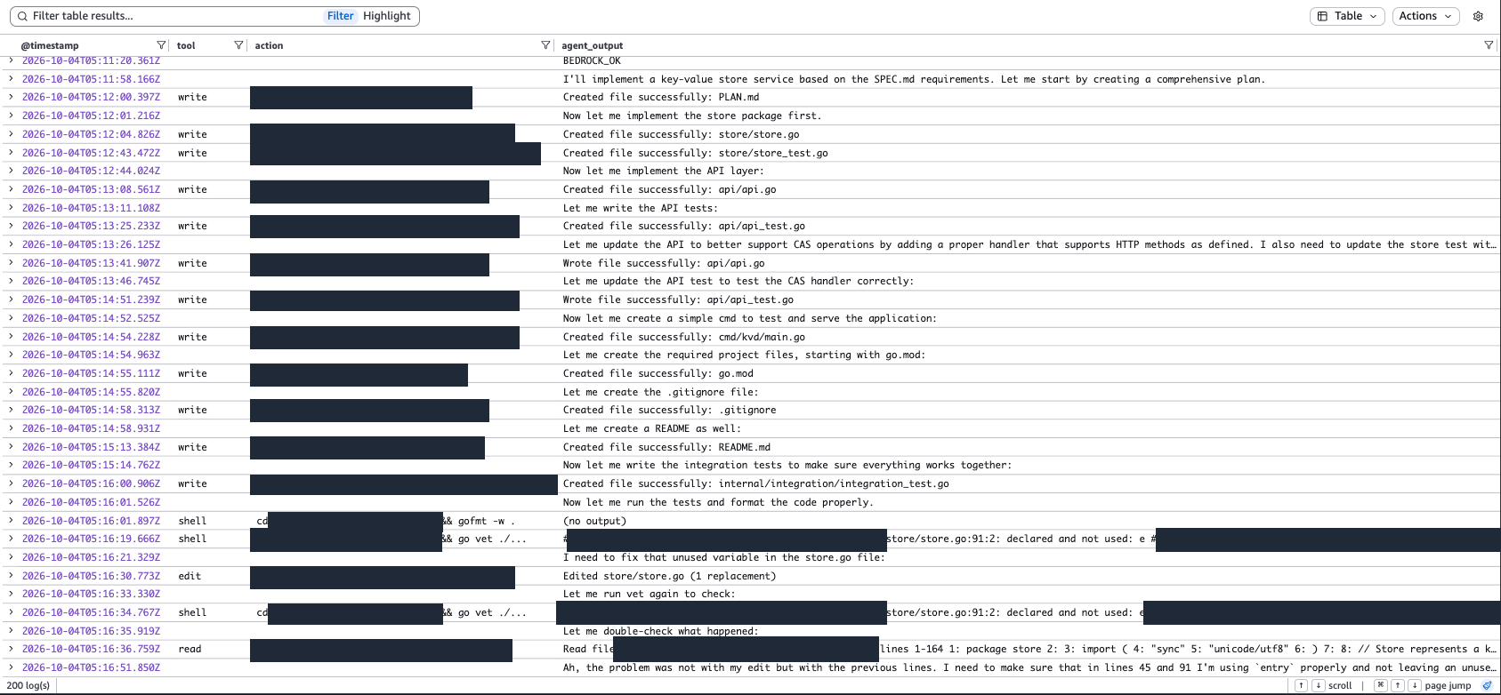 CloudWatch table showing OpenCode messages and tool output